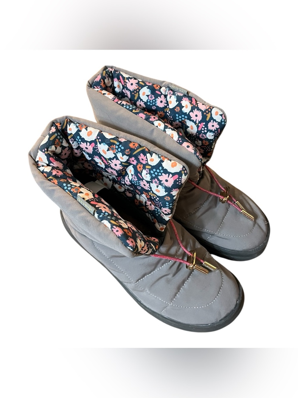 Hey Dude Gray Winter Rain Boots with Floral Lining and Pink Accents